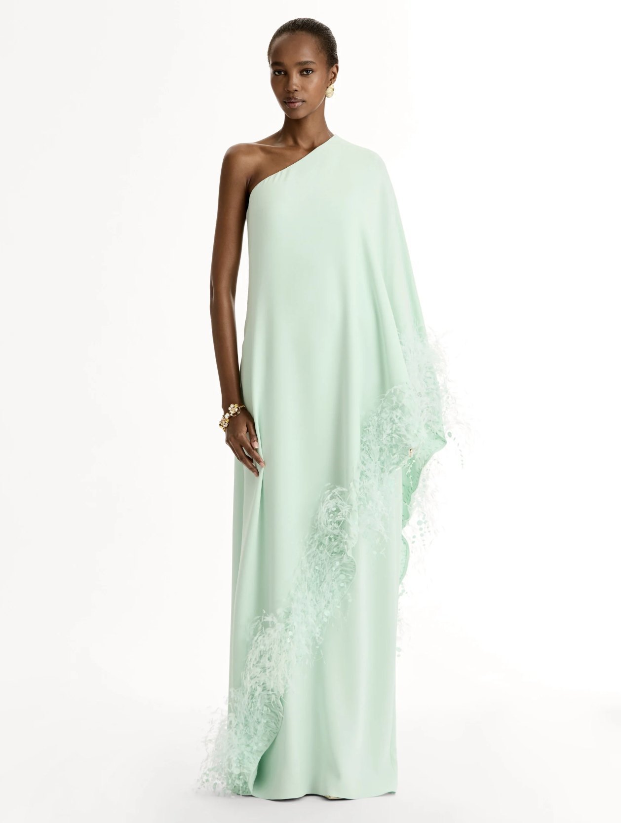Feather-Trimmed One-Shoulder Caftan, on model