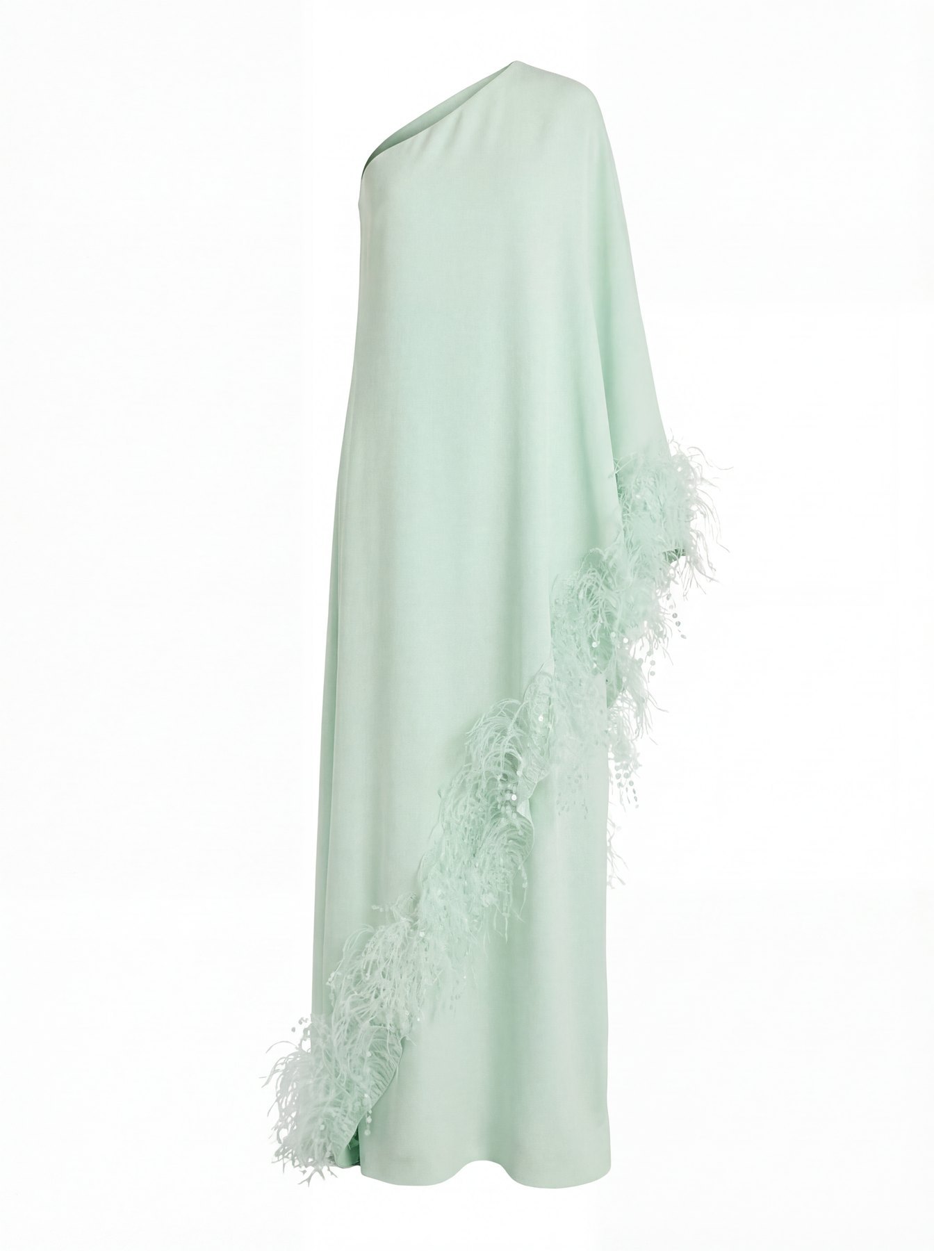 Feather-Trimmed One-Shoulder Caftan, ghost mannequin made by AI from the on-model photograph